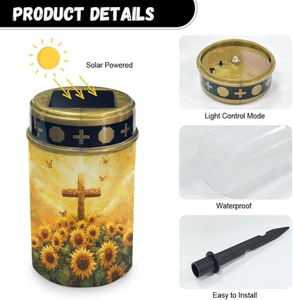 Cemetery Solar Lights for Outside Cross Sunflowers Solar Powered Garden Stake Lights Decorate Lawn, Patio, Fence, Backyard