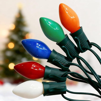 Christmas Lights Outdoor,25FT C7 LED Vintage Christmas Tree Lights with 27 (2 Spare) 0.6W Ceramic Multicolor Bulb,Xmas Lights Outdoor for Holiday/Paty/Patio/House Decor