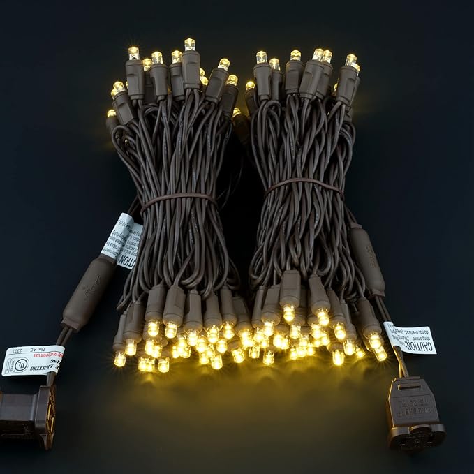 YULETIME Warm White One-Piece Wide Angle Christmas Lights 140 Count 48 Feet, 2 Sets 70 LED 24 ft High Waterproof 5mm UL Certified String Light (Warm White - Brown Wire)