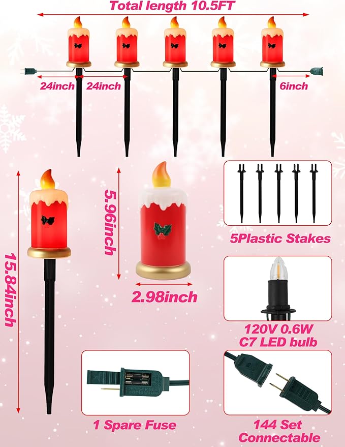 Set of 5 Christmas Candle Pathway Lights, Classic Red Outdoor Christmas Decorations for Yard, Weatherproof C7 LED | Lumora
