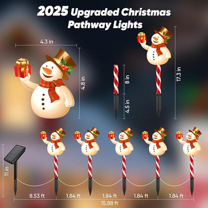 Solar Christmas Decorations Outdoor: Set of 5 Snowman Pathway Lights with Candy Cane Stakes - 10 Modes Waterproof Solar Powered Holiday Yard Decor for Garden Lawn Walkway - Gifts for Women Men