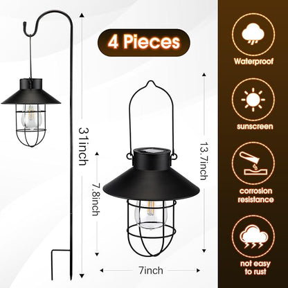 Retisee 4 Pack 31 Inch Hanging Solar Light Outdoor with Shepherd Hook Solar Lanterns Outdoor Waterproof Metal Garden Lantern for Patio Yard Lawn Pathway Driveway Markers(Black)