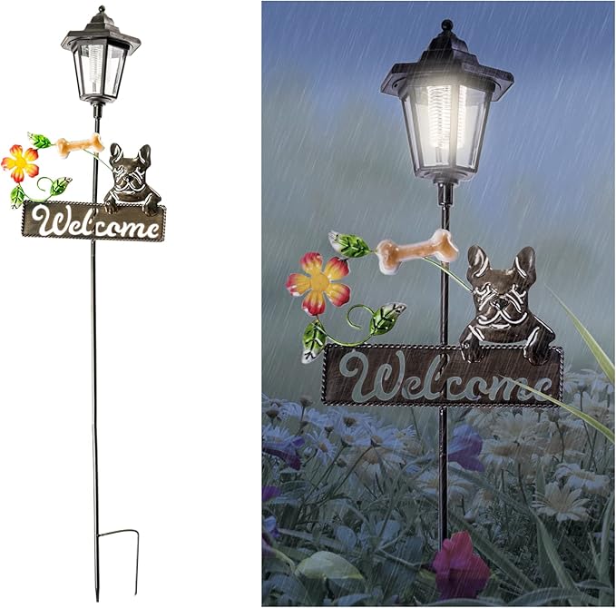 Crosslight Solar LED French Bulldog Welcome Sign - Weatherproof Garden Stake Light for Outdoor Decoration - Decor for Yard, Lawn, Patio, Pathway, Backyard | Warm White