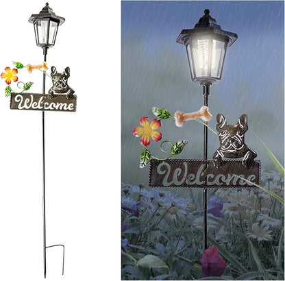 Crosslight Solar LED French Bulldog Welcome Sign - Weatherproof Garden Stake Light for Outdoor Decoration - Decor for Yard, Lawn, Patio, Pathway, Backyard | Warm White