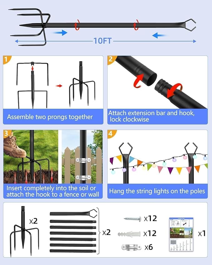 HEMMOTOP String Light Poles for Outside 10FT 2 Pack, Outdoor String Light Poles for Patio Decor Garden Deck | Lumora