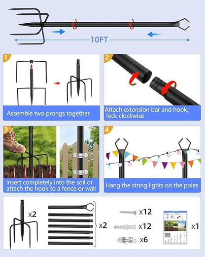 HEMMOTOP String Light Poles for Outside 10FT 2 Pack, Outdoor String Light Poles for Patio Decor Garden Deck Backyard Fence Bistro, Heavy Duty Metal Pole with Fork, Perfect for Wedding Party Camping