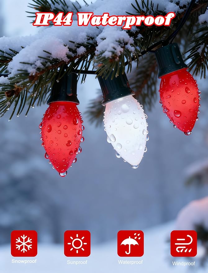 25FT C9 Christmas Lights Outdoor,Red and White C9 Christmas Lights with 26 Ceramic Bulbs(1 Spare), Connectable Incandescent Xmas Light for Indoor Outdoor Party Home Decor,Green Wire