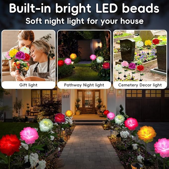 Aolyty Solar Peony Light - Outdoor Decoration Solar Stake Lights, 2 Pack IP65 Waterproof LED Landscape Light for Pathway, Walkway, Patio, Lawn, Garden (Yellow)