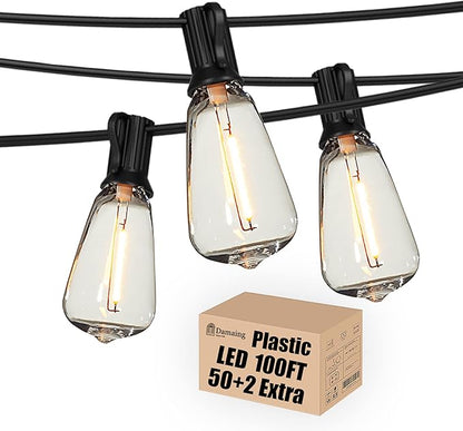 DAMAING Outdoor String Lights LED 100 FT Patio String Lights,52 ST38 Shatterproof Edison Style LED Bulbs,Vintage Plastic Outdoor Lights Waterproof for Bistro Gazebos Backyard Balcony Porch.