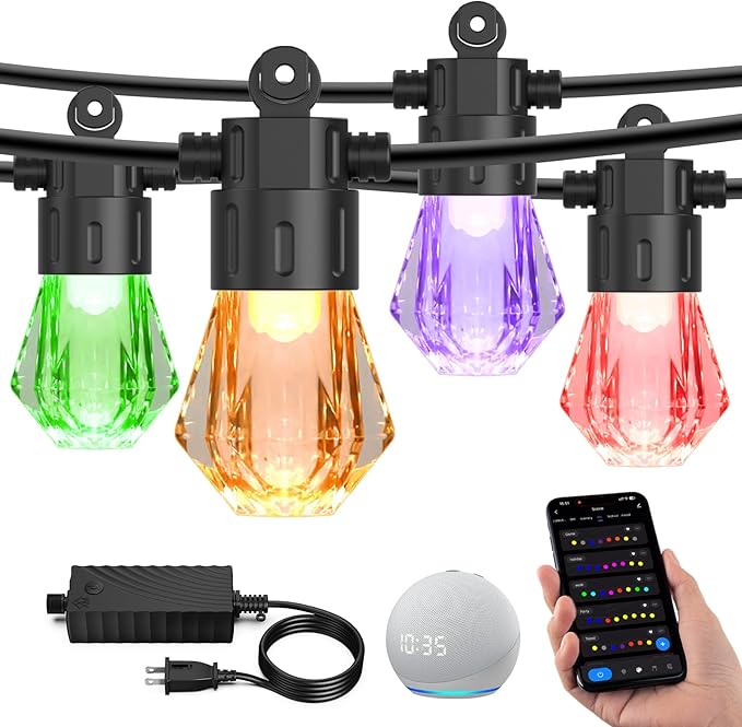 XMCOSY+ 96FT Smart Outdoor String Lights - RGBCWIC Dimmable Acrylic Bulbs, Color Changing LED Patio Lights APP WiFi | Lumora