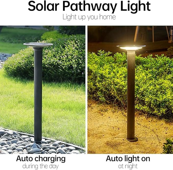 Solar LED Landscape Lighting Round Solar Pathway Light Black Aluminum Housing Path Bollard Lights with IP65 Waterproof Warm Light Cylinder Outdoor Floor Lamp for Drivway Porch Patio