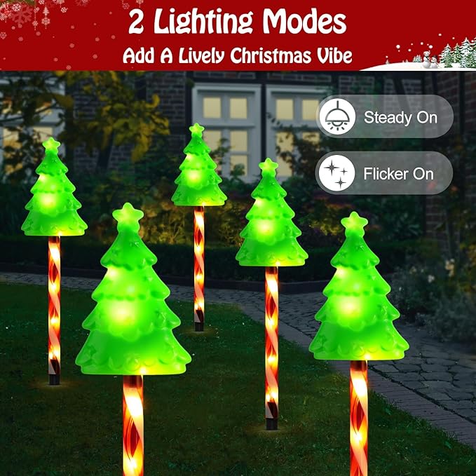 Lewondr Solar Christmas Pathway Lights, 5 PCS Solar Christmas Decorations Outdoor with 2 Lighting Modes, Xmas Tree Lights with Red Pole and Garden Stake, Waterproof Garden Lawn Patio Holiday Decor