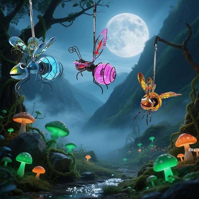 3 Pcs Waterproof Solar Hanging Bee Lights, Metal Bumblebee Figurine LED, Outdoor Garden Balcony Porch Spring Holiday Party Decoration