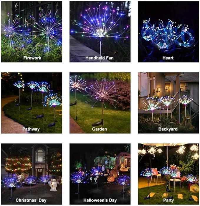 PINHEN Solar Firework Lights, 2 Pack Solar Garden Lights 200 LEDs 8 Lighting Modes Solar Lights Outdoor Waterproof for Garden Path Yard Patio Walkway Pathway Party Wedding Decorative (Colorful)