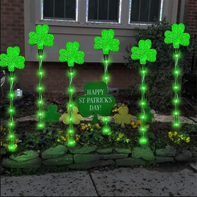 Solar Shamrocks Garden Stake Lights for St. Patrick's Day Decorations Outdoor, 8 Modes Green Lucky Clover Pathway Lights Waterproof St. Patrick's Lights for Yard Lawn Walkway Decor (6 Pack)