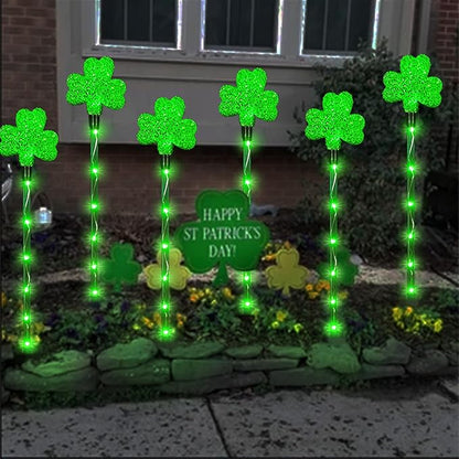 Solar Shamrocks Garden Stake Lights for St. Patrick's Day Decorations Outdoor, 8 Modes Green Lucky Clover Pathway Lights Waterproof St. Patrick's Lights for Yard Lawn Walkway Decor (6 Pack)