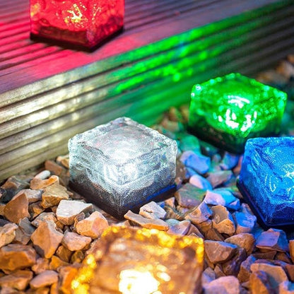 4 Pack Solar Path Ice Cube Lights Outdoor, Waterproof Glass LED Glass Clear Brick in-Groud Buried Festive Light Night Lamp for Garden Courtyard Pathway Patio Pool Pond Decoration(RGB)
