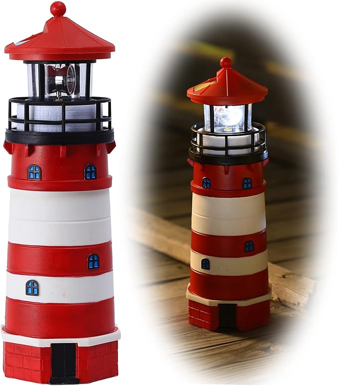Lighthouse with Rotating Beacon LED Lights - Solar Lighthouse Lamp Outdoor Decorative for Garden Patio Lawn Gifts (Red1)