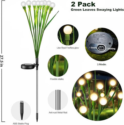 Firefly Lights Solar Outdoor Green Stem Twinkle,Swaying Garden Lights with Leaves,Landscape Path Light,Weatherproof Flickering Bubble Path Décor for Yard Patio Pathway Decoration Warm White(2 Pack)