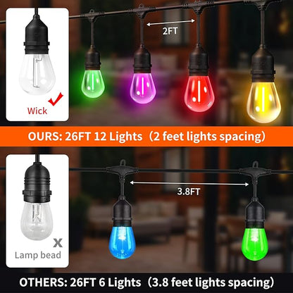 50FT Outdoor String Lights, Outdoor Lights for Patio,with 24+2 LED RGBW Color Change,3000K Bright White Waterproof Bulbs, Dimmer & Remote, Customized 12 Colors & 4 Modes, for Backyard Decor