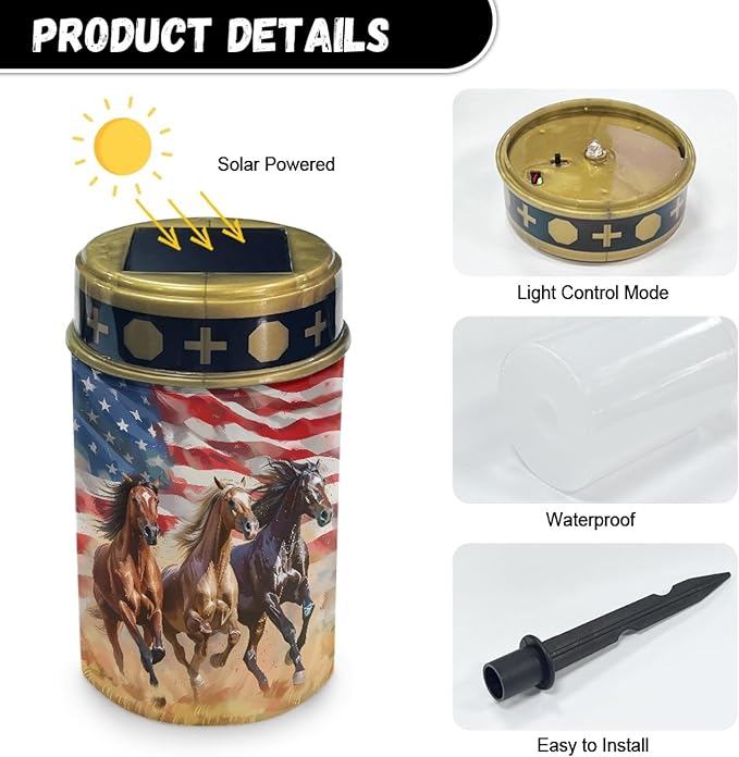 US Flag Horse Solar Lights Outdoor Garden Lights Waterproof Horse Pathway Lights Solar Powered Lantern Landscape Lighting LED Lantern for Outside Yard Patio