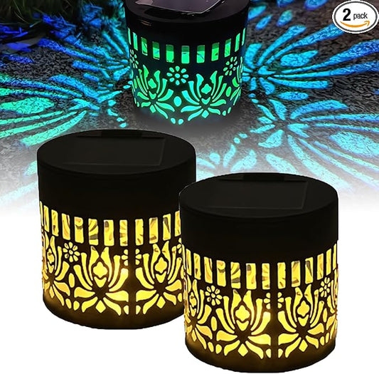 Solar Mandala Lights Outdoor Decorative - Waterproof Metal Mandala Solar Wall Lights, Artistic Fence & Step Lights for Garden, Patio, Backyard, Yard & Outdoor Home (2, Lotus-Colored Light)