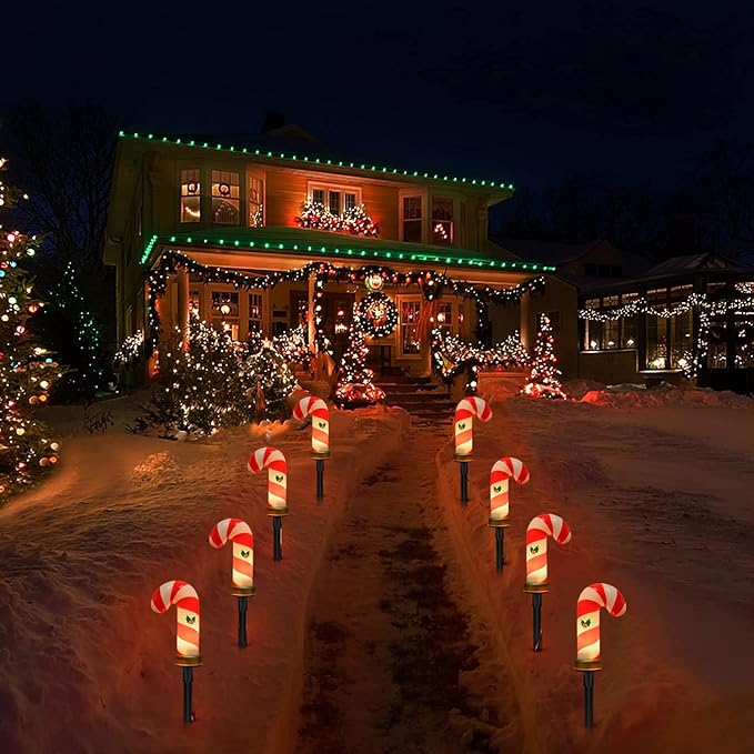 C7 Christmas Pathway String Lights, Set of 8 Christmas Candy Cane Driveway Markers with 4 C7 Clear Bulbs, Waterproof String Lights for Pathway Decor Outdoor Decoration