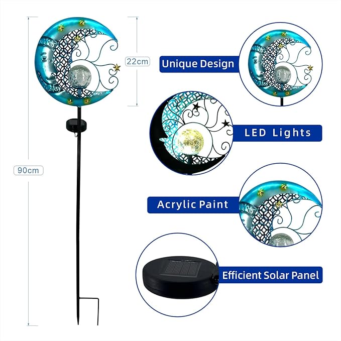 Solar Garden Lights Outdoor Waterproof Pathway Lights Moon Lantern with Crackle Glass Glass Globe Led Warm Light for Walkway,Backyard,Patio,Lawn,Pathway Decoration（Blue）