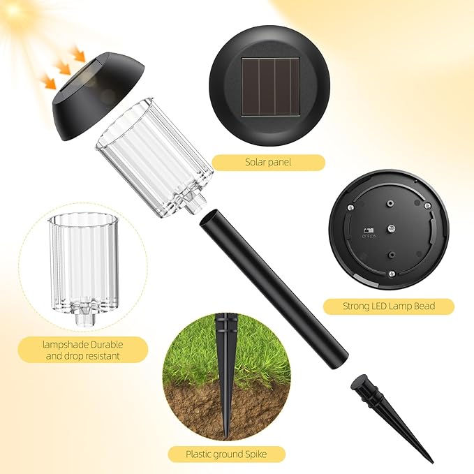 2 Pack Solar Pathway Lights Outdoor, New Upgraded Waterproof LED Lights, 3 Variants (Warm White/Golden/7-Color Slow Flash) with Unique Lamp Shade Patterns, for Garden (2-Pack Golden Light)