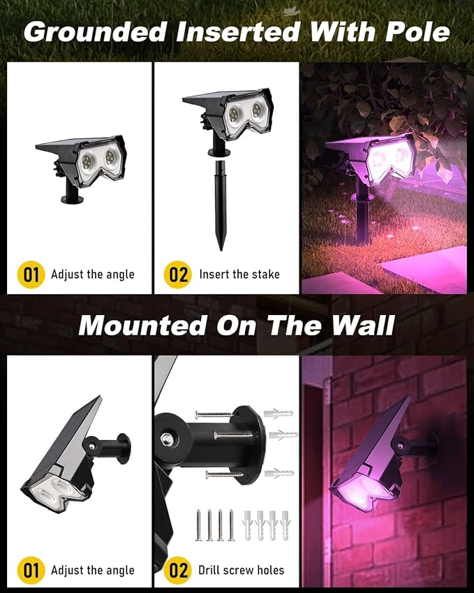 Solar Spotlights Outdoor [ 8 Colors/10 Modes], 2 in 1 Solar Powered Garden Spotlights with IP65 Waterproof, Landscape Pathway Lights for Christmas Decorations Pathway, Porch, Gate (6)