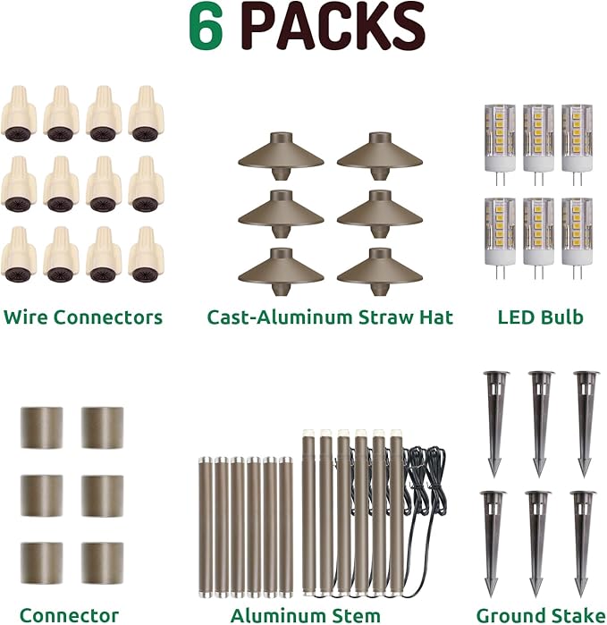 Lumina Lighting® Low Voltage Landscape Lighting Cast-Aluminum Path and Area Light Warm White 3W G4 LED Bulb and ABS Ground Stake Included for Yard Walkway Lawn PAL0106-BZLED6 (Bronze, 6-Pack)