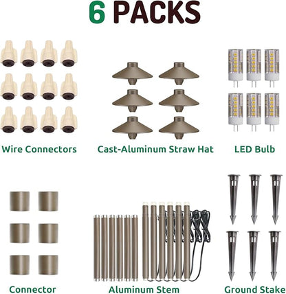 Lumina Lighting® Low Voltage Landscape Lighting Cast-Aluminum Path and Area Light Warm White 3W G4 LED Bulb and ABS Ground Stake Included for Yard Walkway Lawn PAL0106-BZLED6 (Bronze, 6-Pack)