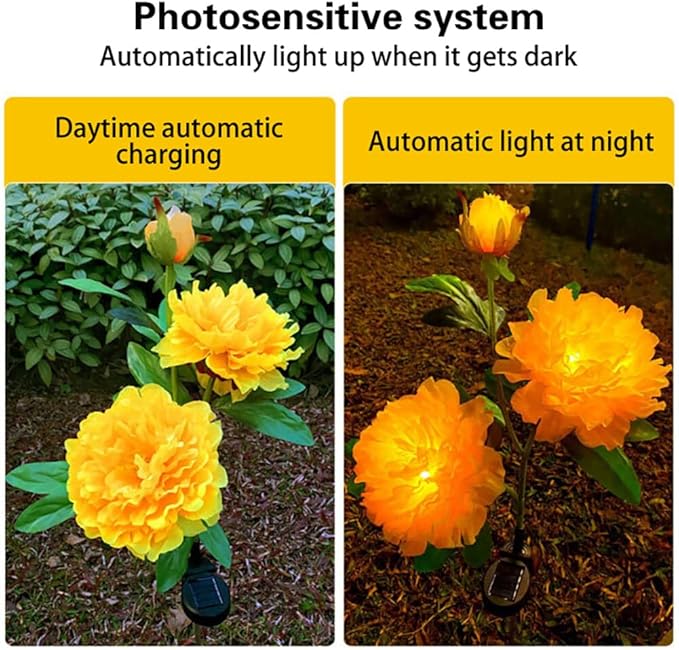 Solar Peony Flower Lights 2pcs Waterproof Garden Outdoor Lights Led Decorative Flowers Stake Light for Home Backyard Pathway Patio Yard Walkway Decoration (Pink)