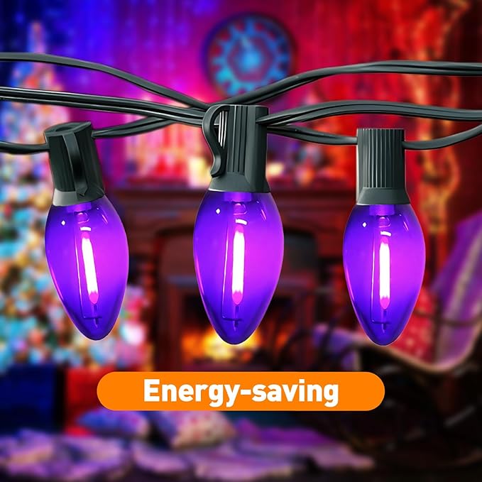 C7 Purple Christmas Lights Outdoor and Indoor 10ft - Halloween LED String Lights with 10 Vintage Bulbs, Waterproof Black Wire for Patio, Roofline, Xmas Tree, Holiday Decor