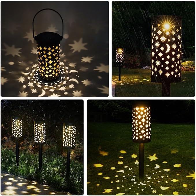 2pcs Solar Wrought Iron Lawn Lights, Waterproof Decorative Garden Plug-in Lamps Star and Cutout Design, Solar Powered Landscape Lighting for Outdoor Yard Path