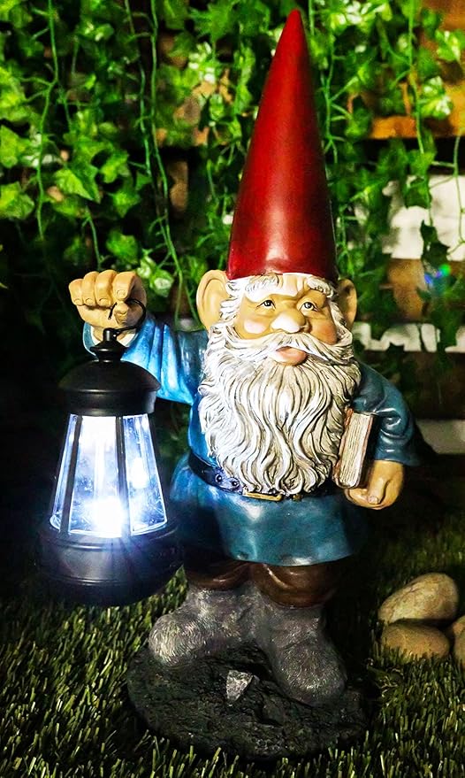 Ebros Gift Whimsical Enchanter Gnome Holding Book of Spells Statue 17.25" H Solar Path LED Light Garden Greeter Figurine Home Decorative Patio Figurine Courtesy Light