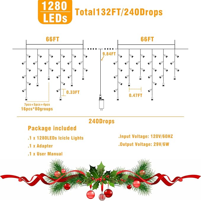 132ft Icicle Lights for Outside, Blue and White Christmas Lights Outdoor Indoor, 1280 LED Twinkle String Light with | Lumora