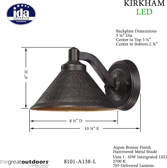Minka Lavery The Great Outdoors 8101-A138-L Kirkham Outdoor LED Wall Mount, 1-Light, 10 Total Watts, 8.5-in H x 6-in W, Aspen Bronze