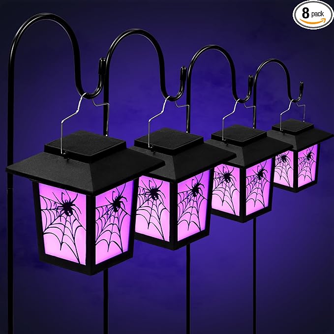 4 Pack Halloween Solar Lights 4.7 Inch Spider Purple Solar Pathway Lights Halloween Decorations with 24 Inch Shepherd Hooks Landscape Lighting Waterproof LED for Garden Yard Walkway Driveway Outdoor