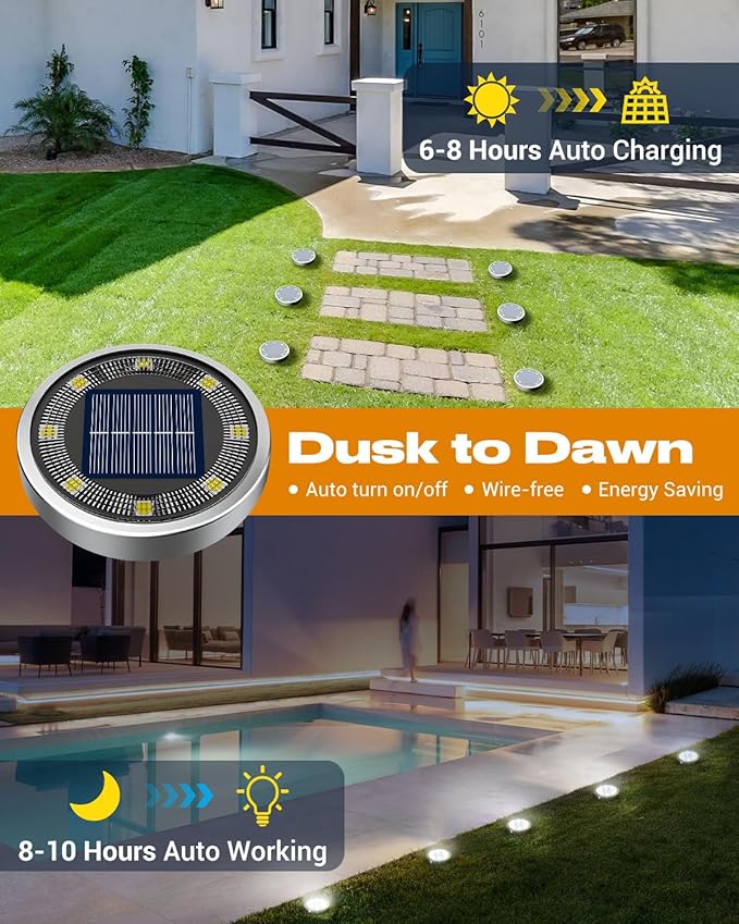 btfarm 6 Pack Solar Lights Outdoor, 8 LED Solar Ground Lights IP65 Waterproof Flat Solar Disc Light, Pathway Lights | Lumora