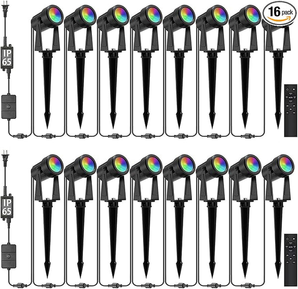SUNTHIN Outdoor Landscape Lighting with Remote, RGBW Color Changing Spot Uplights, 16 Pack | Lumora