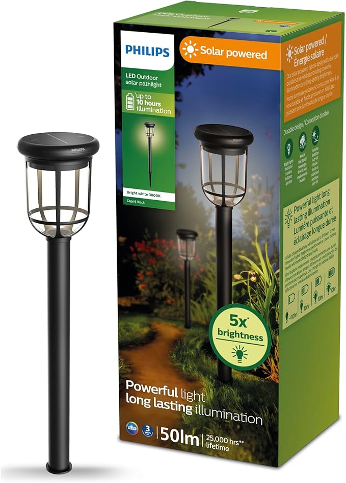 Philips LED Capri Outdoor Solar Pathlight, 1-Pack, Long-Lasting Solar Powered LED Light, Bright White Light, 3000K, 50 Lumens, IP44, Black