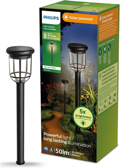 Philips LED Capri Outdoor Solar Pathlight, 1-Pack, Long-Lasting Solar Powered LED Light, Bright White Light, 3000K, 50 Lumens, IP44, Black