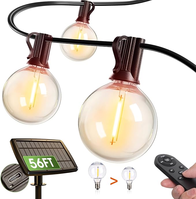 addlon 56FT(50+6) Solar String Lights for Outside G50 Waterproof with USB Port Patio Outdoor Solar Powered with 27 LED Bulbs 3 Light Modes for Backyard Porch Garden Market Bistro Camping