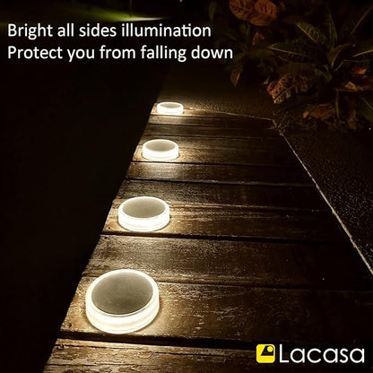 Lacasa Solar Deck Lights Outdoor Waterproof LED Solar Step Lights Driveway Lights, White 4000K, for Garden Yard Patio Pathway, Round, 4 Pack