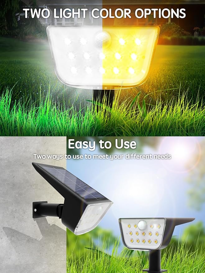 ROOR Solar Spot Lights Outdoor Motion Sensor, IP68 Waterproof Solar Landscape Spotlights, 6 Modes Warm White+Cool | Lumora