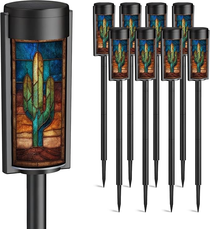 8 Pack Solar Pathway Lights Outdoor Waterproof Southwest Cactus Stained Glass Vibrant Sunset Western Art Solar Garden Lights LED Landscape Lighting for Yard Walkway Lawn Garden Decor