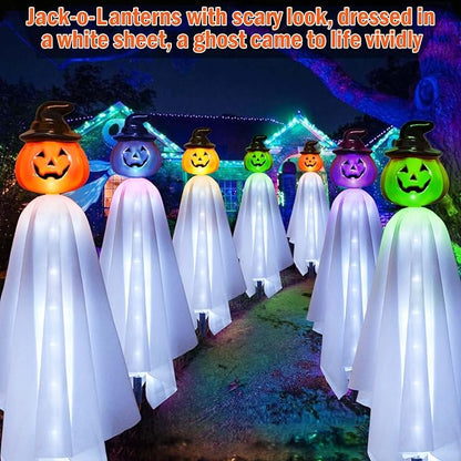 Homeleo Set of 4 Solar Pumpkin Ghost Lights for Halloween Decorations Outdoor, Light up Floating Scary Ghosts Pumpkins Witch Hat Stake Lights for Porch Yard Outside Pathway Halloween Party Decor