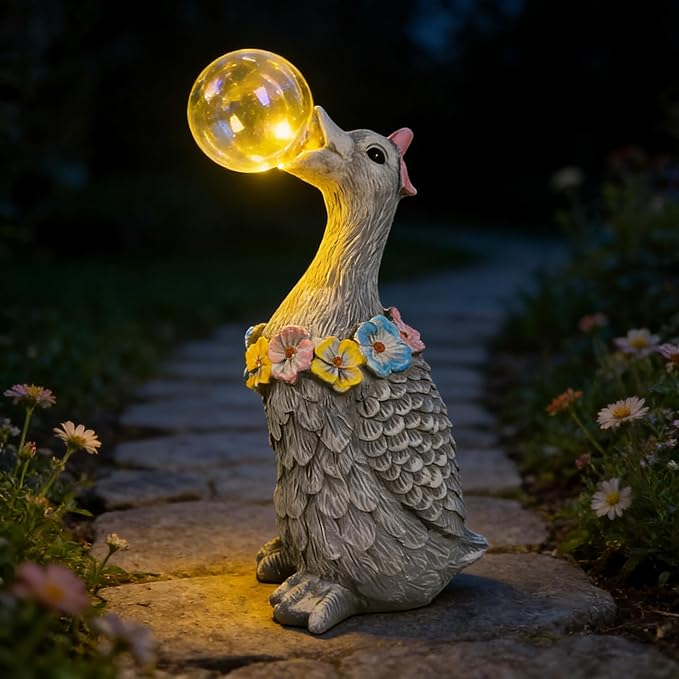 Porch Goose Statue with Solar Bubble Light Garden Gray Figurine Decor for Yard Lawn Patio Outdoor Decorations Housewarming Gifts for Mom Grandma Women
