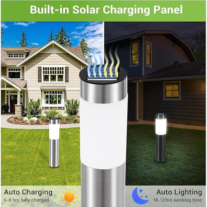 4 Pack Solar Pathway Lights Outdoor, Solar Walkway Lights with Polished Stainless Steel Layer, IP45 Waterproof Outdoor Solar Lights for Garden Yard Landscape Driveway Patio Deco